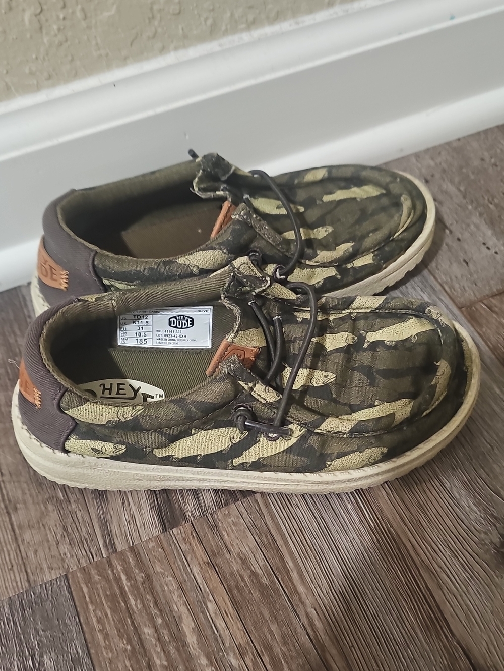 Hey Dude Kids Camouflage Slip-On Moccasins in Olive and Brown With Fish Design